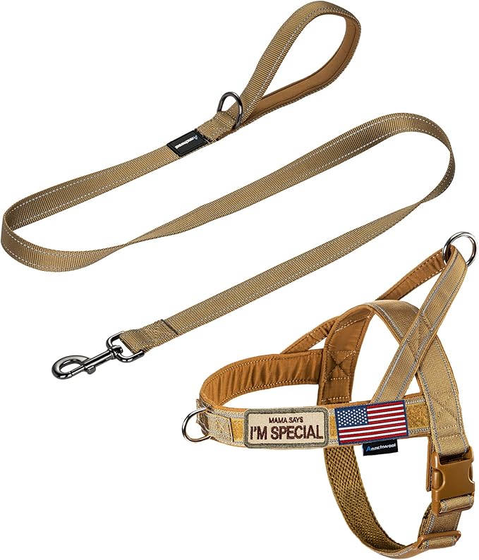 Annchwool No Pull Dog Harness with Padded Handle+5 Ft Leash,Reflective Strip Escape Proof and Quick Fit to Adjust Dog Harness,Easy for Training Walking for Small & Medium and Large Dogs(Brown-Set,S)
