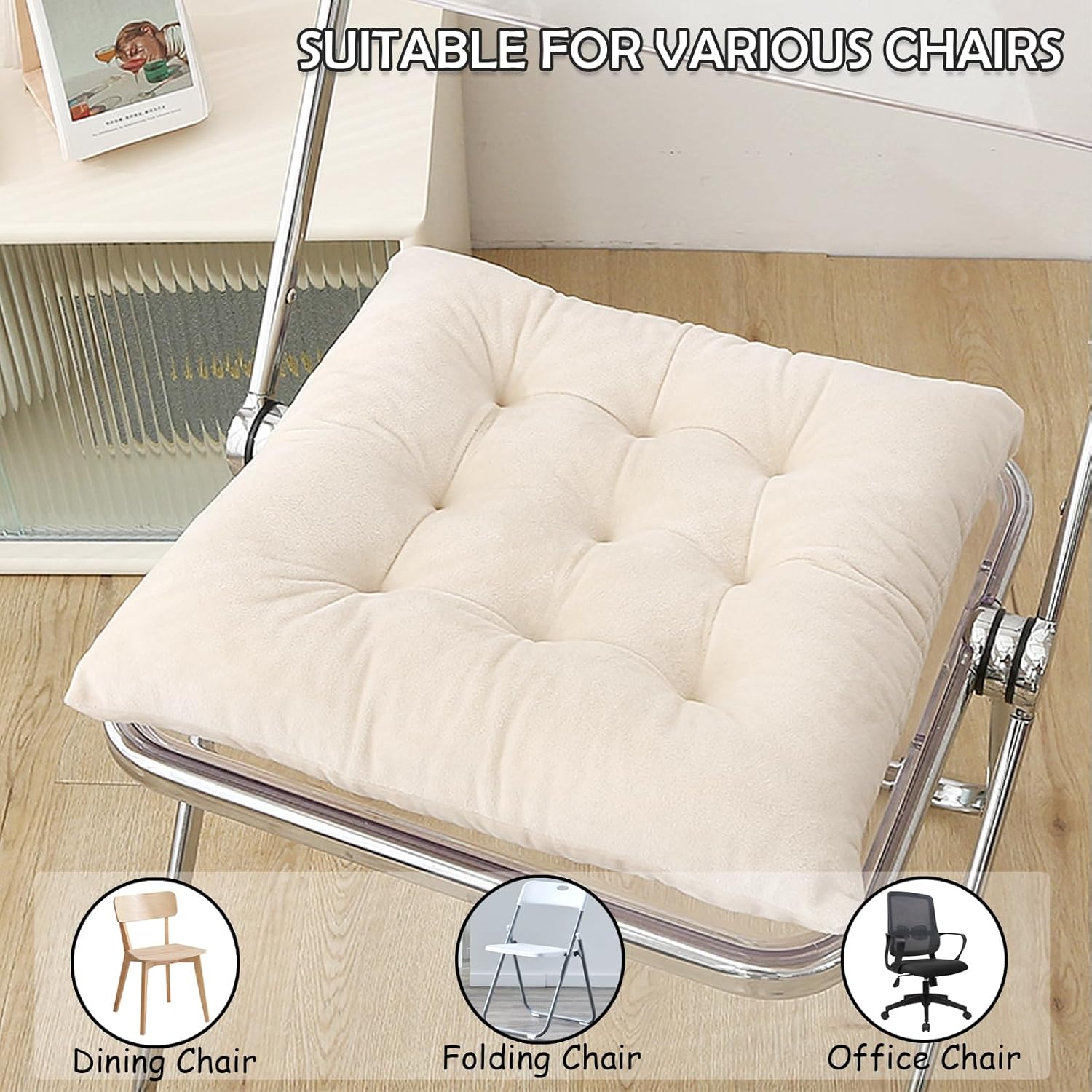 Set of 4 Chair Cushions for Dining Chairs with Ties, Indoor Non-Slip Kitchen Chair Pad and Dining Room Seat Cushion Mat for Office Living Room Outdoor 15.5" - Ivory