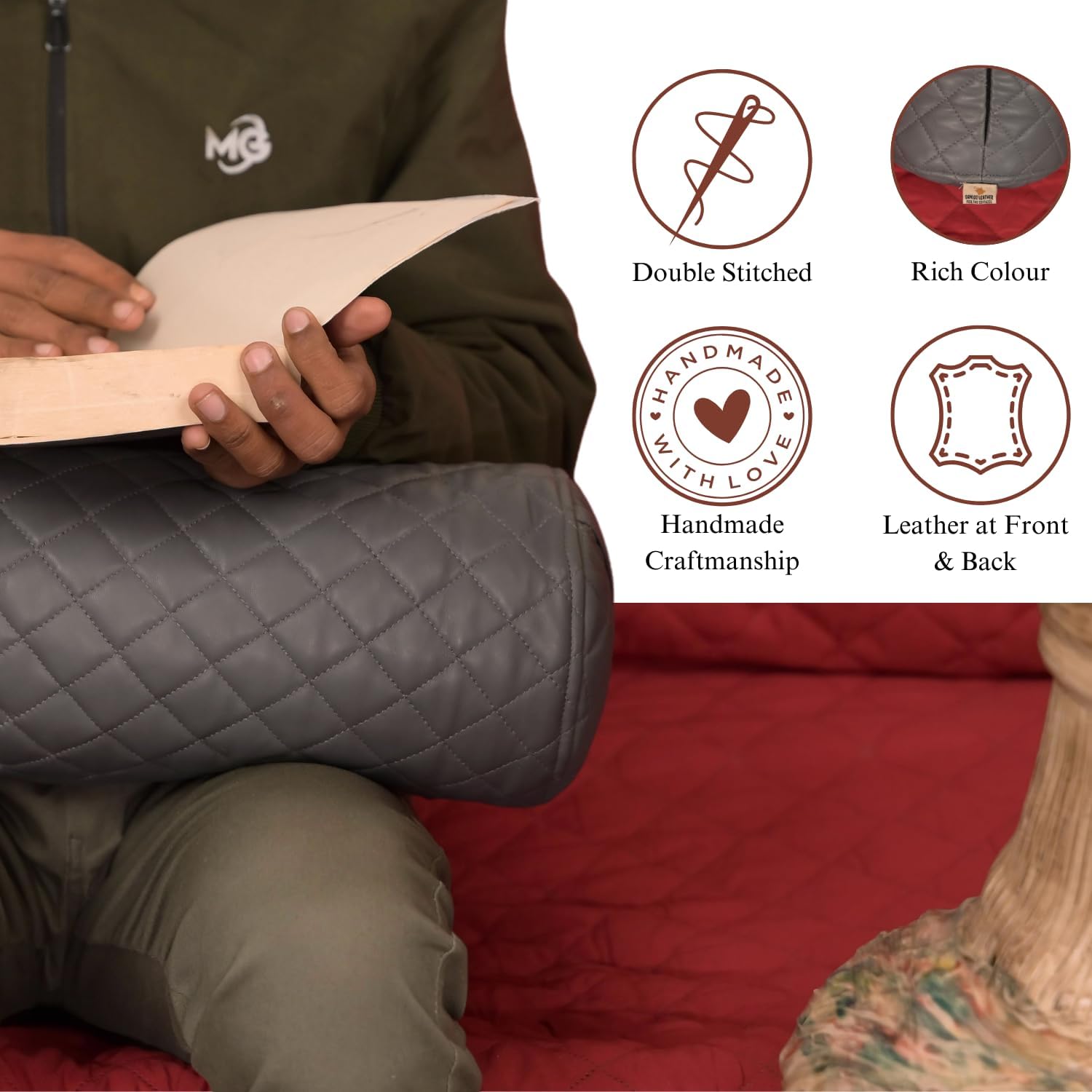 Neck Roll Pillow Cushion Cover, 20x7 Inch Full Moon Round Bolster Pillow Case, Cylinder Soft Lambskin Leather Pillowcase for Head, Spine & Neck Support During Sleep - Quilted Grey Pack of 2