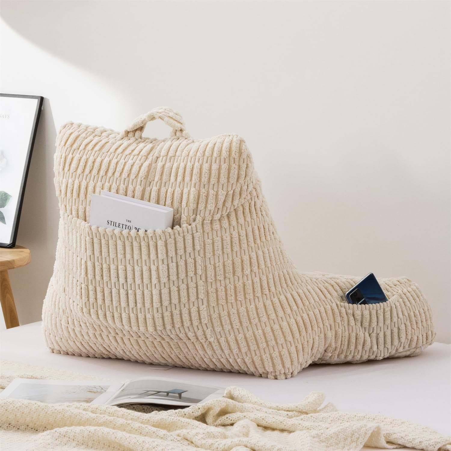 Holawakaka Adults Reading Pillow with Arms,Backrest Reading & Rest Pillows for Sitting Up in Bed, Bed Rest,Lounging, Working on Laptop,Arms Back Support Cushion for Men Women Teens,Cream