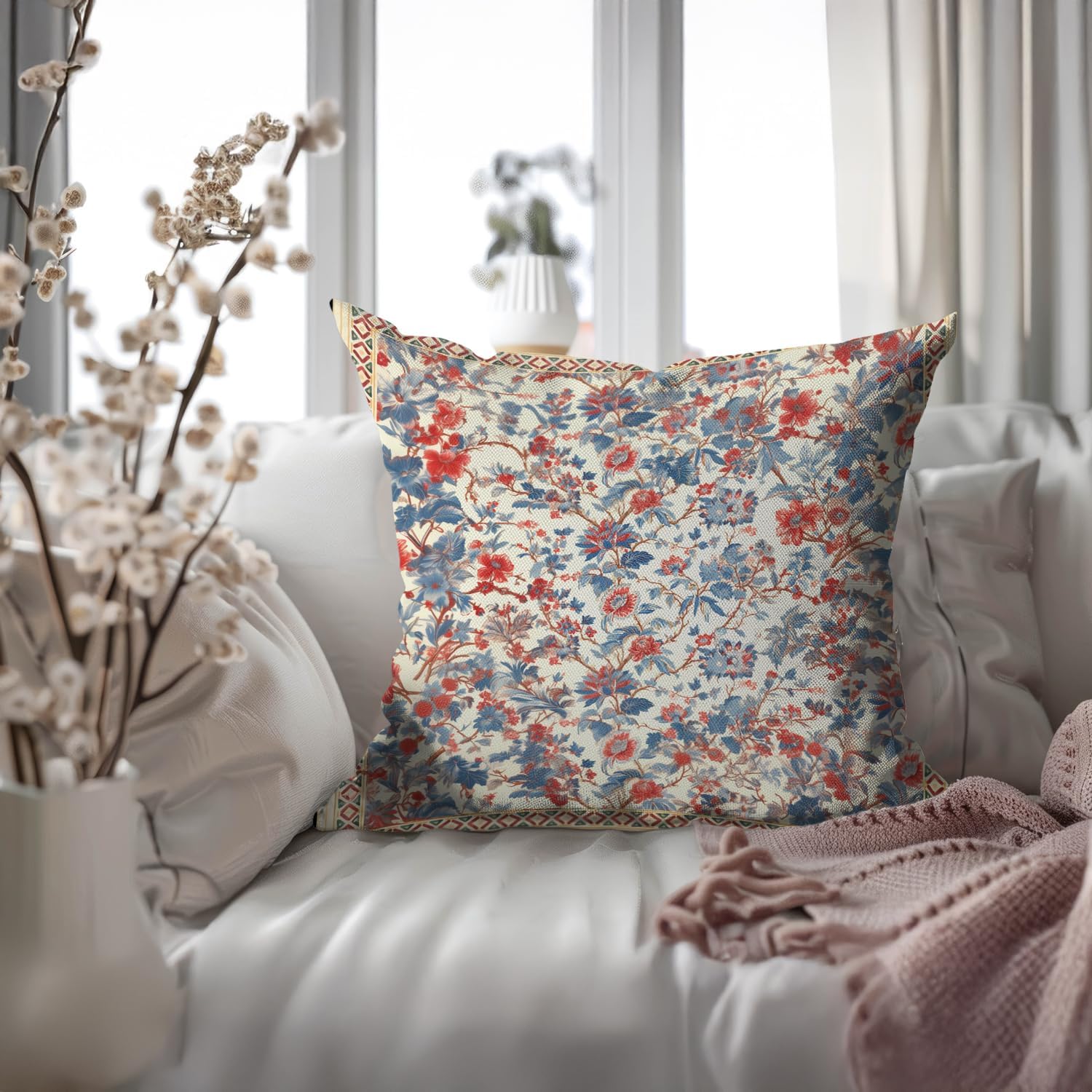 Bohemian Pillow Covers | Vintage Floral & Carpet Design | Double Sided Blue White Decorative Pillowcases for Couch, Bed | Indoor Outdoor Boho Home Decor (Beige, 18x18inches)