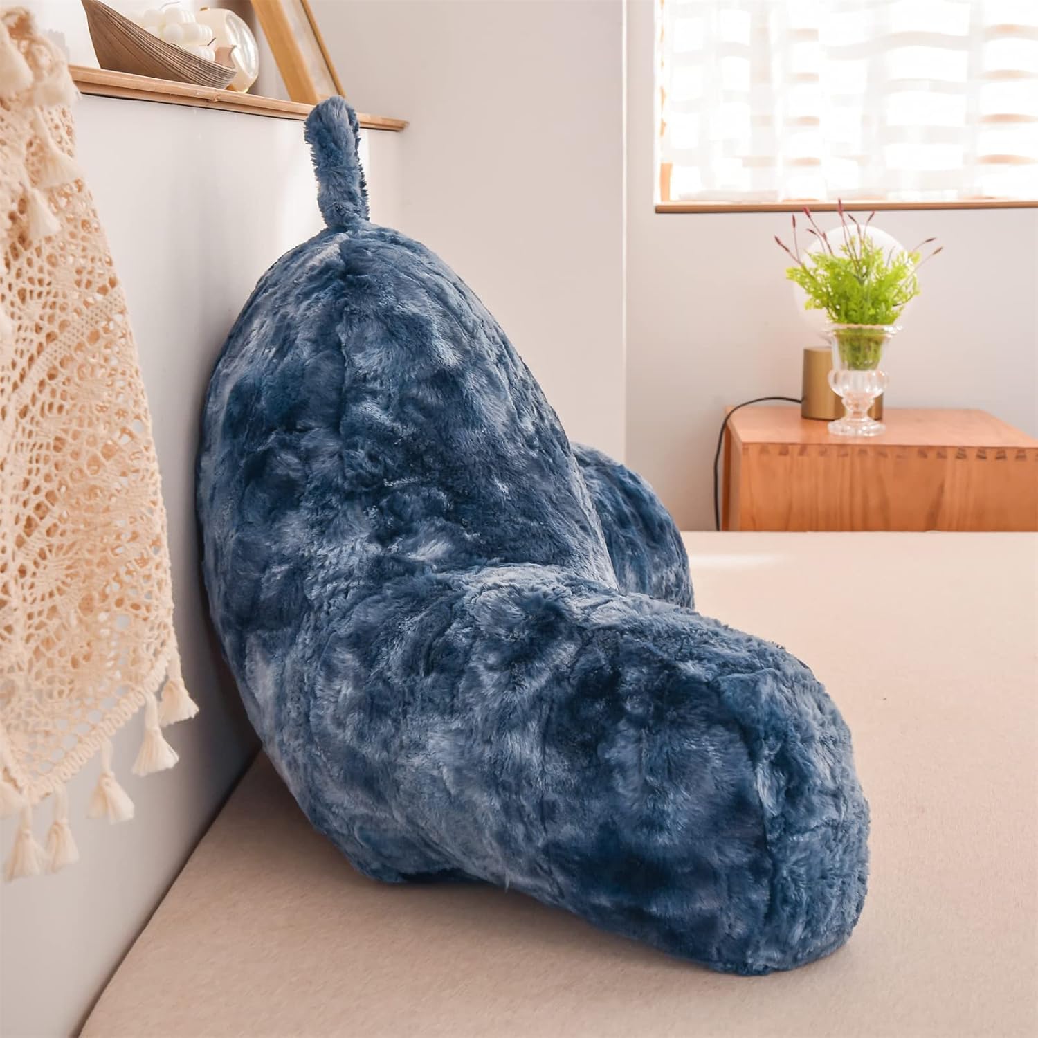 A Nice Night Faux Fur Reading Pillow Bed Wedge Large Adult Children Backrest with Arms Back Support for Sitting Up in Bed/Couch for Bedrest,Tie Dyed Navy
