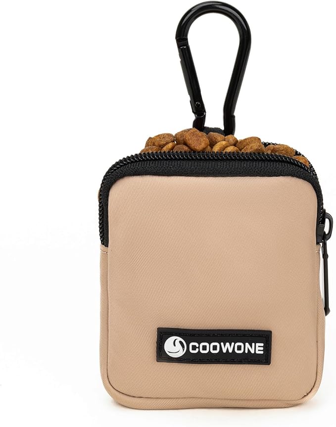 COOWONE Dog Treat Pouch Pocket Sized Pet Puppy Training Pouch for Dog Training Behavior Aids, Waterproof Nylon Fabric Dog Poop Bag Holder, Hands Free Dog Walking Bag with Metal Carabiner (Coffee)