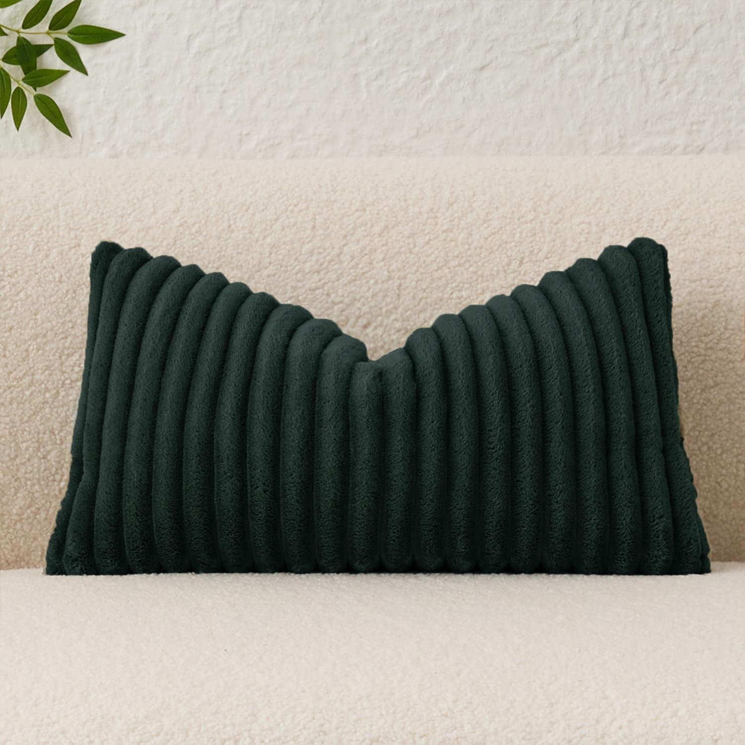 Kevin Textile Christmas Soft Plush 14x24 Inch Lumbar Pillow Cover 1 Pack, Luxury Fluffy Faux Fur Striped Flannel Rectangle Cushion Case for Couch Sofa Chair Bed Home Decor, Dark Green