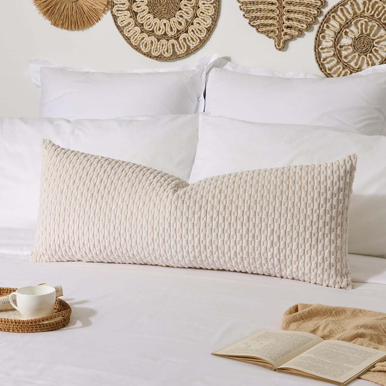 Kevin Textile 20x54 Inch Long Body Lumbar 1 Pack Boho Decorative Throw Pillow Cover Soft Striped Corduroy Rectangle Cushion Case Farmhouse Accent for Living Room Couch Sofa Bed, Cream White