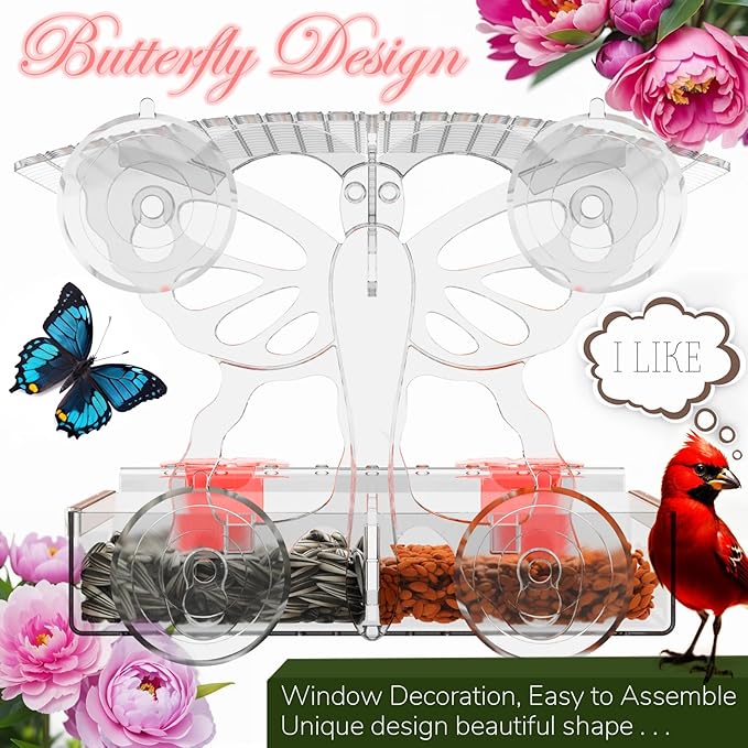 Clear Window Bird feeders with Strong Suction Cups,Butterfly-Shaped Acrylic Window Mount Bird Water feeders for Outdoors Squirrel Proof,Window Bird feeders for Viewing Cats House Gift,Garden Decor;
