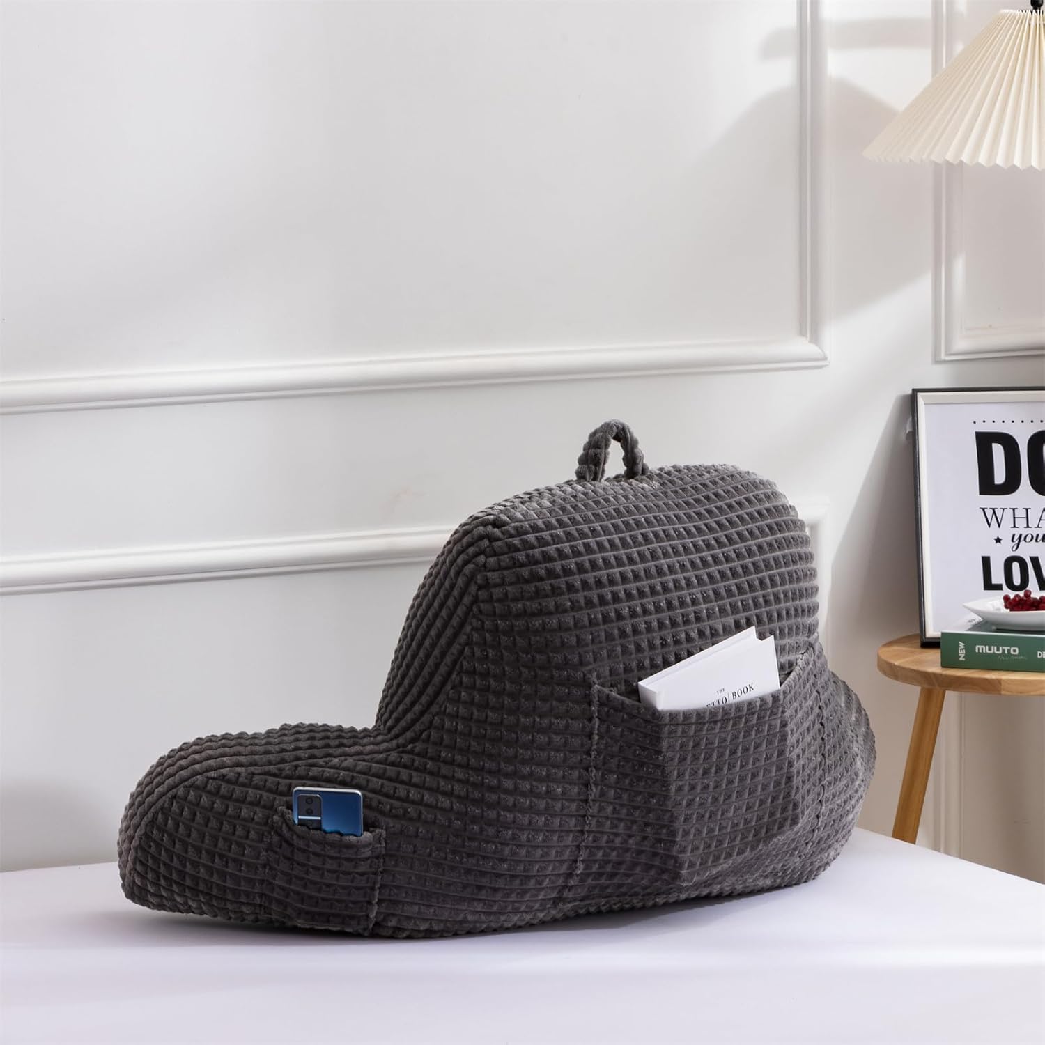 Holawakaka Reading Pillow for Bed and Sofa Couch Sitting Up, Backrest Pillows with Arms for Kids Teens Adults, Back Support Cushion for Lounging, Watching TV, Working on Laptop, Dark Grey