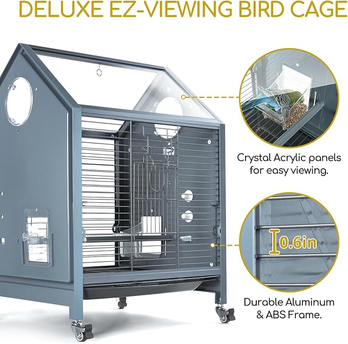 OIIBO Acrylic Bird Cage, 25 Inch Deluxe Rolling Bird Cage with Acrylic Panel Medium Bird Cage Kit with Bird Feeders, Water Bottle, Perch for Parrot Conures Lovebirds Finches Canaries Parakeets