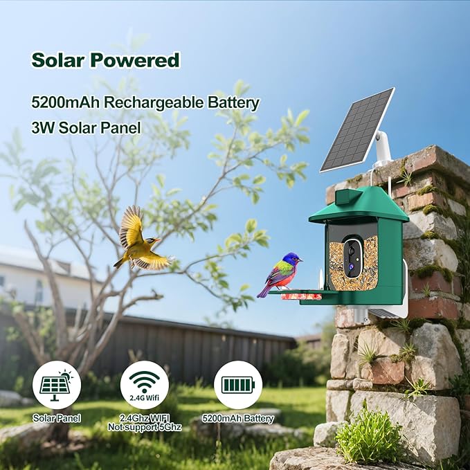 Bird Feeder with Camera,2K Live View,WiFi Smart Bird House with Cam Solar Powered for Outdoor,Night Vision,AI Identify,Auto Record Video,Real-Time App Alerts,Birdwatching Gifts for Family,Birds Lover