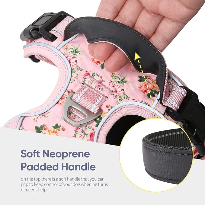 HEELE Dog Harness, No Pull Adjustable Padded Reflective Harness for Small Medium Large Dogs with Handle for Walking Training, Flower-Pink, L