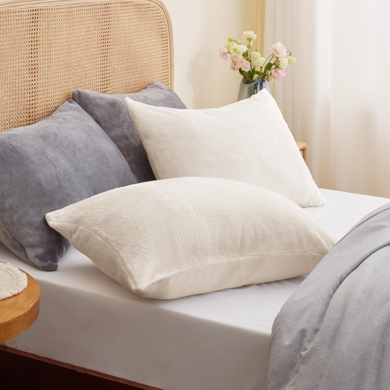 BEDELITE Flannel Pillowcases Standard Set of 2, Super Soft Fleece Pillow Case Cover with Zipper for Bedroom, Sofa, Couch,Luxury Cozy Fuzzy Velvet Pillow Shams for All Seasons(20x26 Inches, Off White)