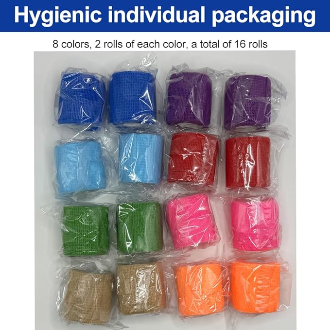 16 Pack Self Adhesive Bandage Wrap, 2" X 5 Yards Mixed Colors Elastic Cohesive Bandage Wrap for Sports, Wrist, Ankle and Vet Wrap, Grip Tape
