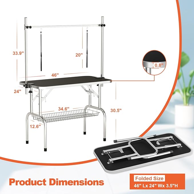 46'' Dog Grooming Table for Large Dogs, Foldable Professional Grooming Table for Dogs at Home with Double Loops/Mesh Tray/Adjustable Arm, Capacity up to 330lbs, Black