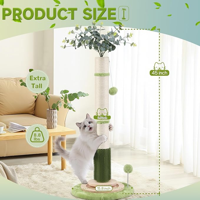 45'' Tall Cat Scratching Post,3.5Inch Diameter Sisal Rope Scratching Post for Indoor Cats Adults Kittens,Cat Scratcher with Interactive Ball Toys Self Groomer Brush for Large Cats