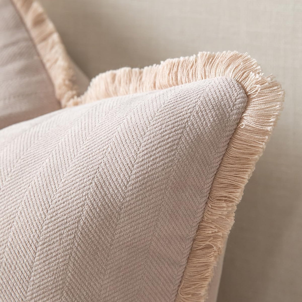 Set of 2 Decorative Fringe Throw Pillow Covers Chenille Pillow Covers Elegant Design Pillowcase Soft Tassels Cushion Cover for Couch Bed Home Decor,16×16 Inch,Beige