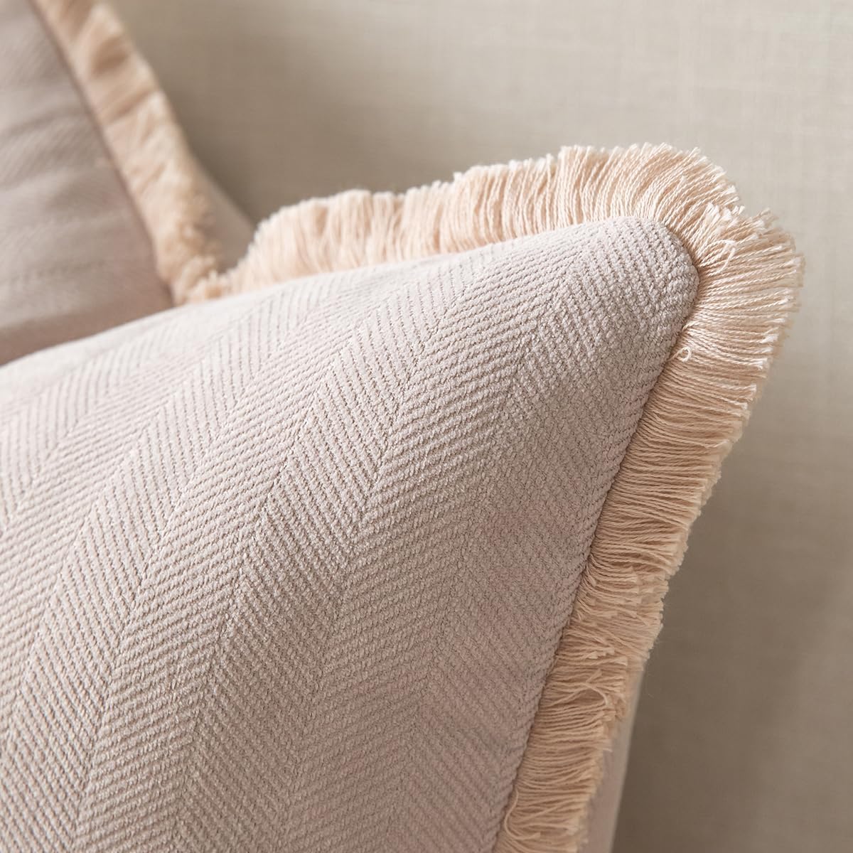 Set of 2 Decorative Fringe Throw Pillow Covers Chenille Pillow Covers Elegant Design Pillowcase Soft Tassels Cushion Cover for Couch Bed Home Decor,16×16 Inch,Beige