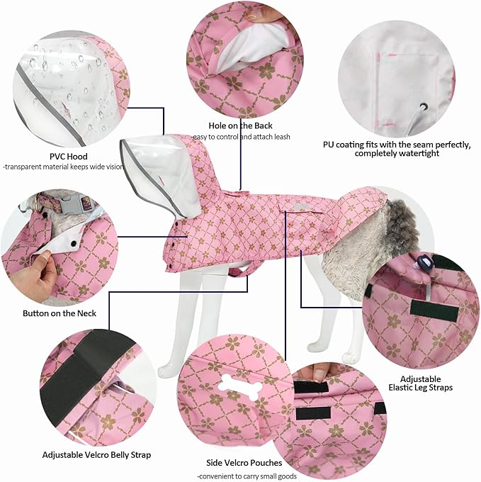 Waterproof Dog Raincoat, Adjustable Reflective Lightweight Pet Rain Clothes with Poncho Hood (Gold Cheery Blossoms Pink, X-Small)