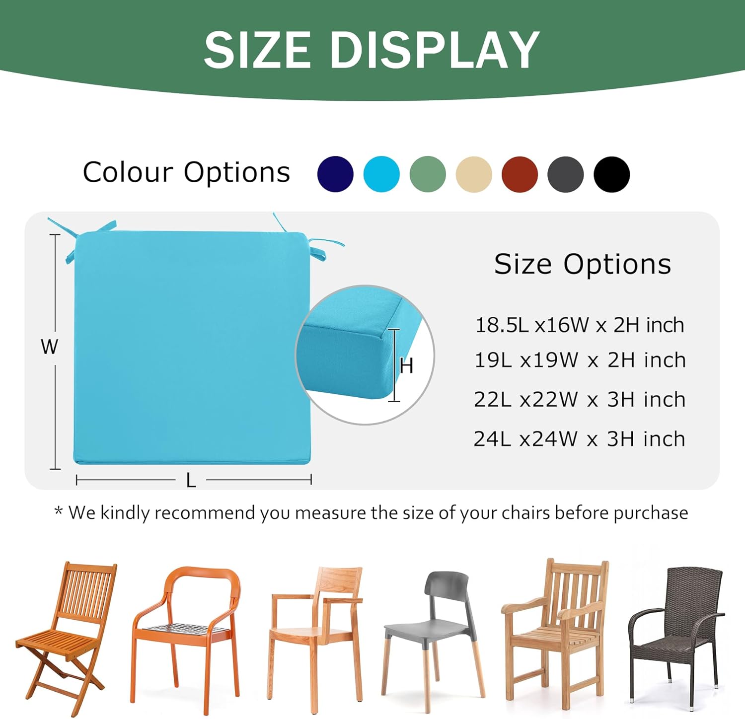 Outdoor Chair Cushions Set of 4: Waterproof & Fade Resistant Seat Cushion for Patio Furniture - 19 x 19 x 2 Inch Chair Pads with Ties and Hidden Zipper - Patio Chair Cushion Replacement, Teal