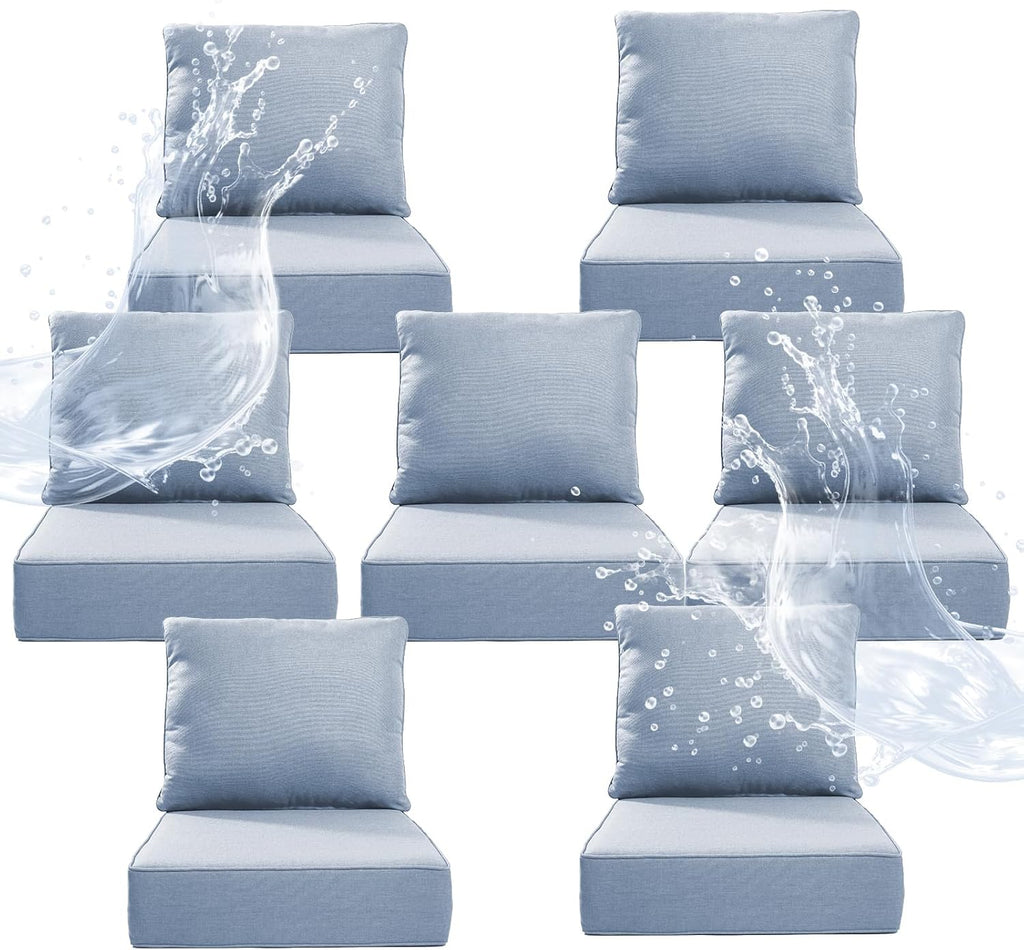 6" Thicker Outdoor Chair Cushion 7 Sets - 24" *24" *6" Waterproof Patio Furniture Cushions with Removable Cover, 28D High Density Sponge Filling Thicken Outdoor Patio Cushions - Baby Blue