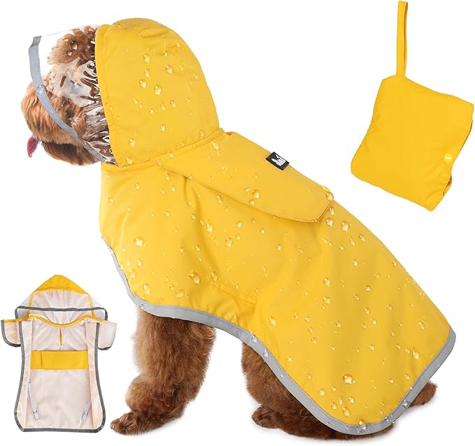 SlowTon Dog Raincoat, Adjustable Dog Rain Jacket Clear Hooded Double Layer, Waterproof Poncho with Reflective Strip Straps and Storage Pocket for Small Medium Large Dogs(XS)