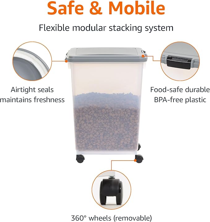 Amazon Basics Airtight Dog Food Storage Container with Scoop and Wheels, 69 QT, Gray