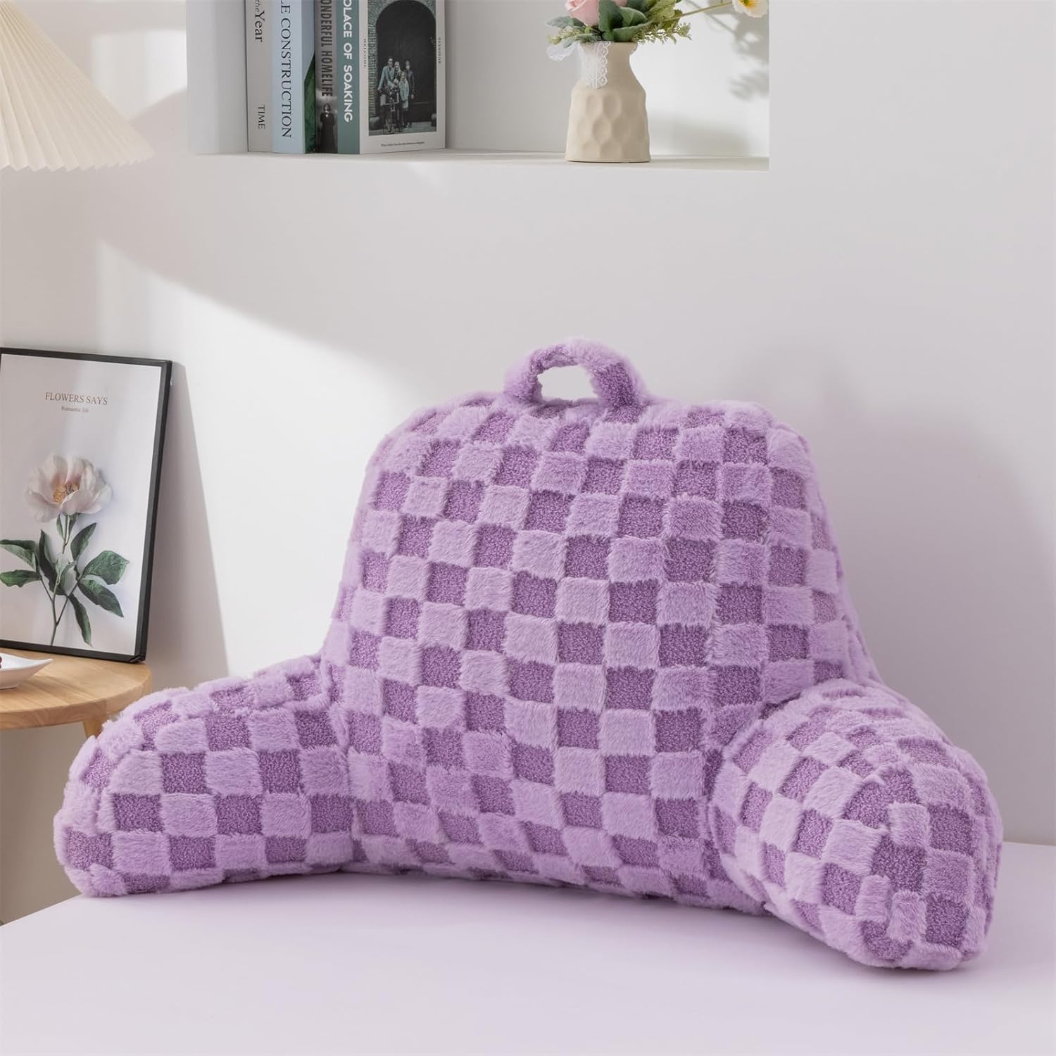 Aimuan Reading Pillow Checkered Bed Rest Wedge Backrest Checkerboard Pillow with Arms Back Support for Sitting Up in Bed Cushion Incline Rest Sleeping Snoring Pillow, Purple