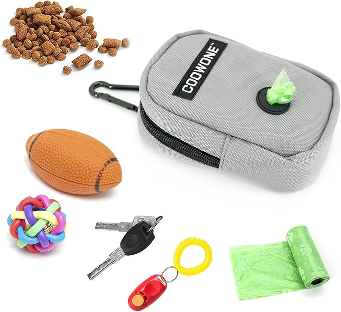 Small Treat Pouch Dog Treat Dispenser with Waste Bag Dispenser for Leash Walking, Portable, Poop Bag Holder, Hand Free, Gray