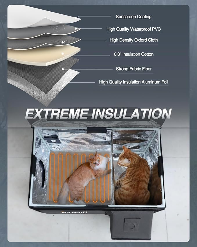 Outdoor Heated Cat House in Winter,Extremely Insulated & Weatherproof,Feral Cat Shelter with Waterproof Eaves & Escape Door for Outside Stray Barn Cat(Dark Grey,25.6"x16.5"x13.4")