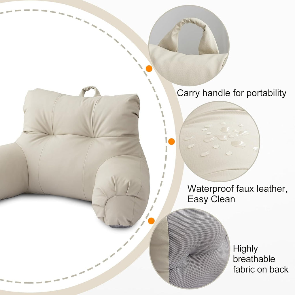 A Nice Night Faux Leather Reading Pillow for All Season,Wedge Bedrest Pillow Backrest with Arms Back Support for Sitting Up in Bed/Couch,Natural