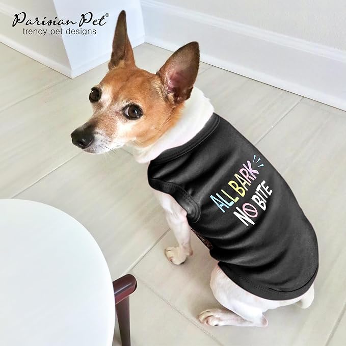 Parisian Pet Dog T-Shirt - Embroidered ' All Bark No Bite ' 100% Cotton, Dog Clothes - Sleeveless Pet Vest - Machine Washable Dog Shirt for Large Dogs L