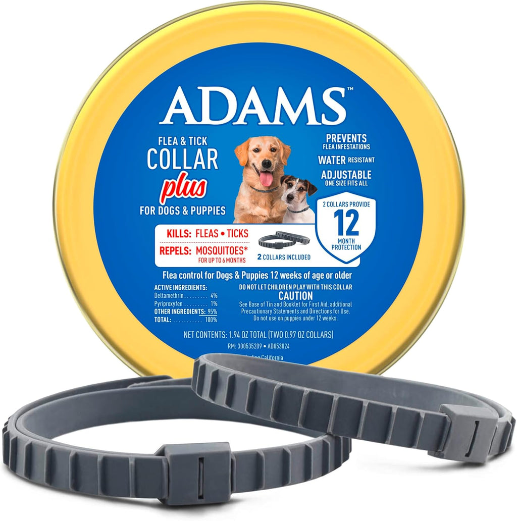ADAMS Flea & Tick Collar for Dogs & Puppies, 2 Pack, 12 Month Protection, Adjustable One Size, Kills Fleas, Ticks & Repels Mosquitoes, Excluding California