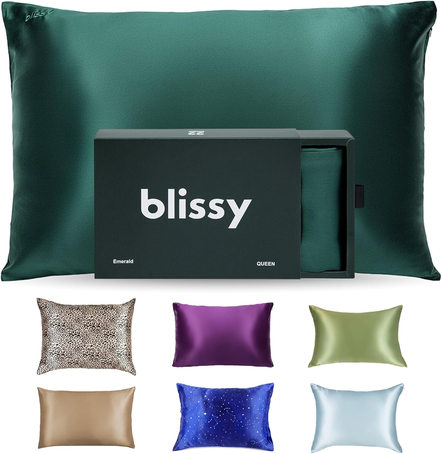 Blissy Silk Pillowcase - 100% Pure Mulberry Silk - 22 Momme 6A High-Grade Fibers - Silk Pillow Cover for Hair & Skin - Regular, Queen & King (Emerald, Standard)