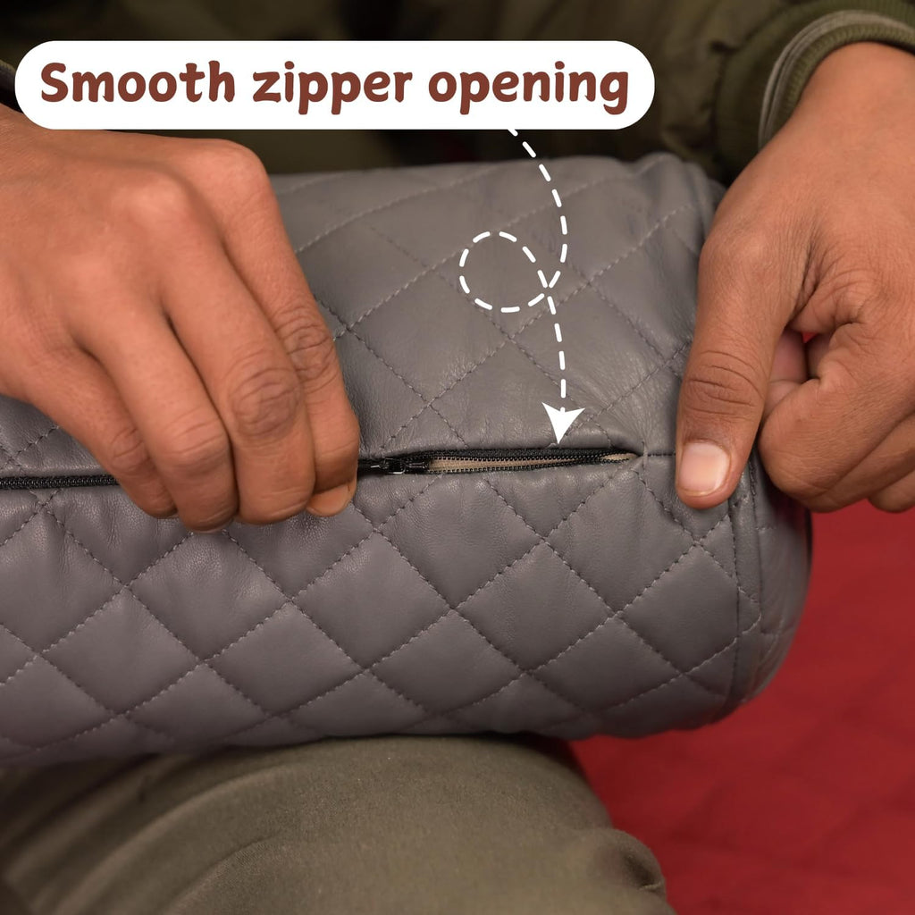 Neck Roll Pillow Cushion Cover, 18x5 Inch Full Moon Round Bolster Pillow Case, Cylinder Soft Lambskin Leather Pillowcase for Head, Spine & Neck Support During Sleep - Quilted Grey Pack of 2