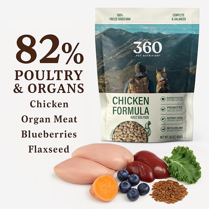 360 Pet Nutrition Freeze-Dried Raw Dog Food – Chicken Recipe with Liver & Organs, High Protein, Omega-3s, Fruits, Veggies & Superfoods, Grain-Free, No Fillers, 3 lb – Made in USA