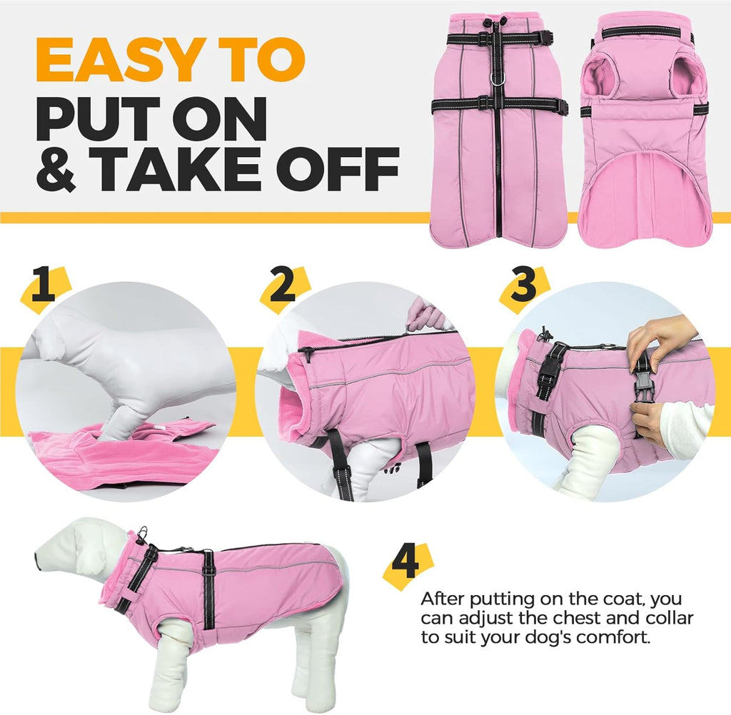 Lelepet Dog Coat for Large Dogs Waterproof Dog Jacket with Harness Built in Windproof Reflective Fleece Jacket with Zip Warm Winter Coats for Dogs Cozy Thermal Pet Snowsuit, Border Collie, Pink, XL