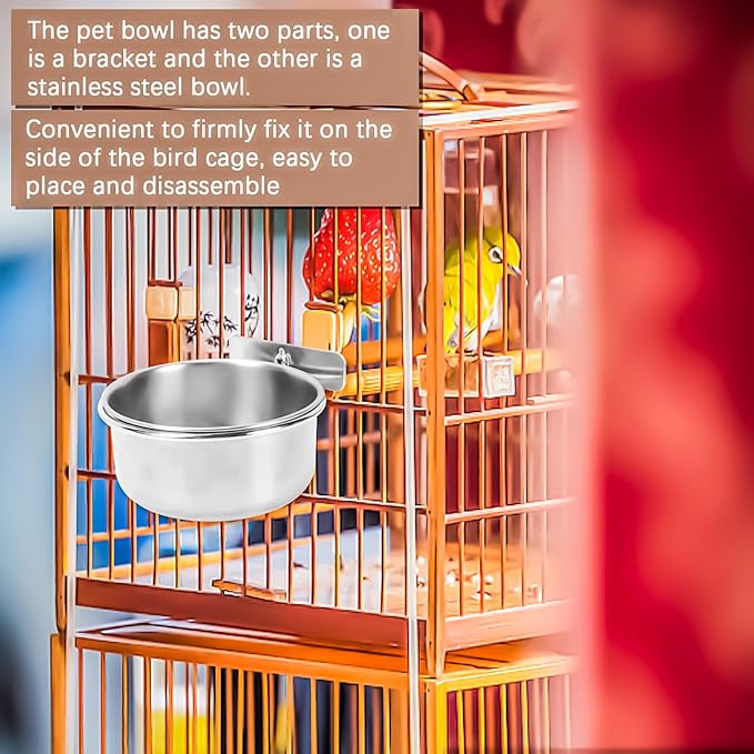 MotBach 2 Pack Bird Feeding Bowls Cups Parrot Food Water Dishes, Stainless Steel Bird Bowl Cup Dish with Clamp, Birdcage Feeder Pet Cage Bowls for Cockatiel Budgie Conure Macaw Parakeet Small Animal