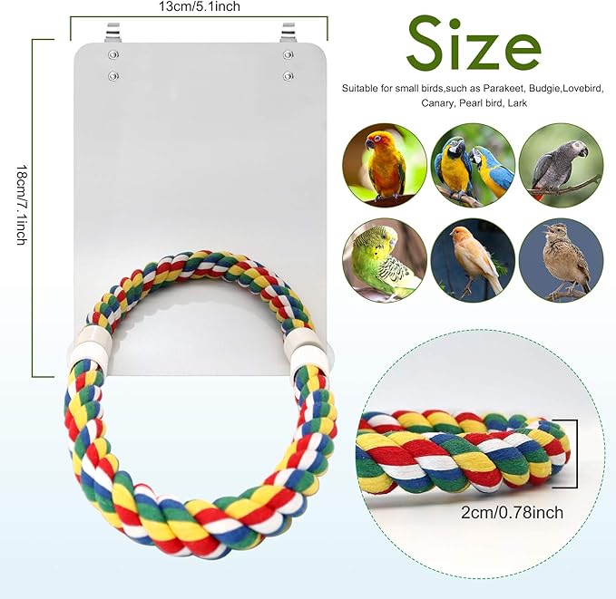 BWOGUE 7 Inch Bird Mirror with Rope Perch Cockatiel Mirror for Cage Bird Toys Swing Parrot Cage Toys for Parakeet Cockatoo Cockatiel Conure Lovebirds Finch Canaries