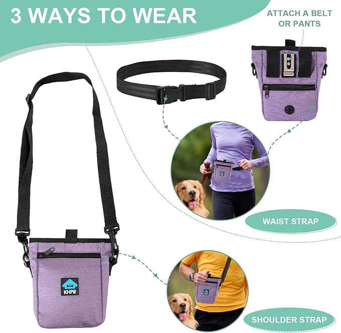 Dog Treat Pouch Magnetic Closure with Training Clicker，Hands-Free Design to Prevent Spills，Built in Poop Bag Dispenser，3 Ways To Wear，Metal Clip Waist Belt and Fanny Pack for Pet Walking（Purple）
