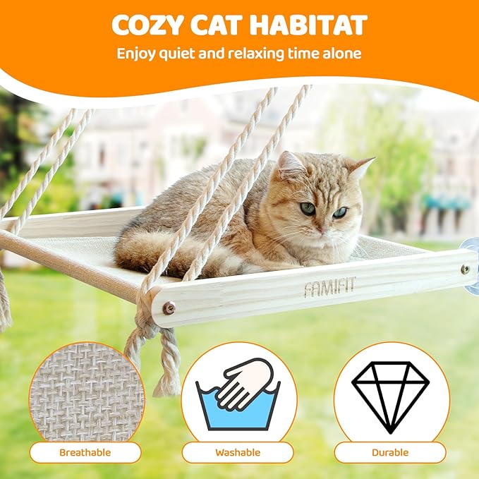 Cat Window Perch with 2 Steps, Easy to Assemble Hammock for Window Indoor/Outdoor Cat Seat/Bed Supports 40 lbs (Drilling-Free)