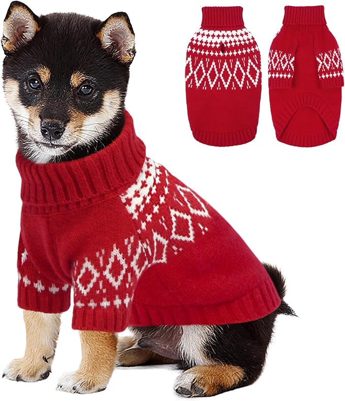 FUAMEY Dog Christmas Sweaters Extra Small, Warm Puppy Pullover Cold Weather with Built-in Leash Hole, Soft Winter Clothes for Dogs Front Sleeves, Thick Turtleneck Doggy Outfits (Red, XS)