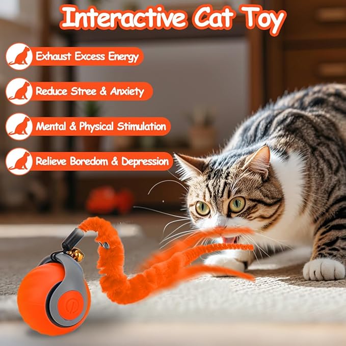 Interactive Cat Ball Toy, Self Rolling Ball with Cover Anti-Scratch for Bored Indoor Cat Chasing, Obstacle Avoidance Smart Cat Toys for Enrichment, Motion Activated Toys to Keep Them Busy （Orange）
