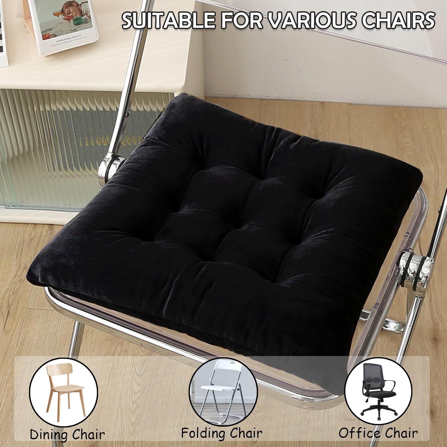 Set of 2 Chair Cushions for Dining Chairs with Ties, Indoor Non-Slip Kitchen Chair Pad and Dining Room Seat Cushion Mat for Office Living Room Outdoor 15.5" - Black