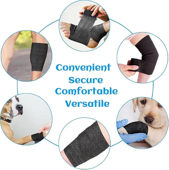 6 Rolls Elastic Self Adhesive Bandage Wrap 4 Inch, Breathable Non Woven Cohesive Bandage, Vet Wrap for Dogs, Ankle Sprains Swelling Medical First Aid Tape, Sports Athletic Tape Black