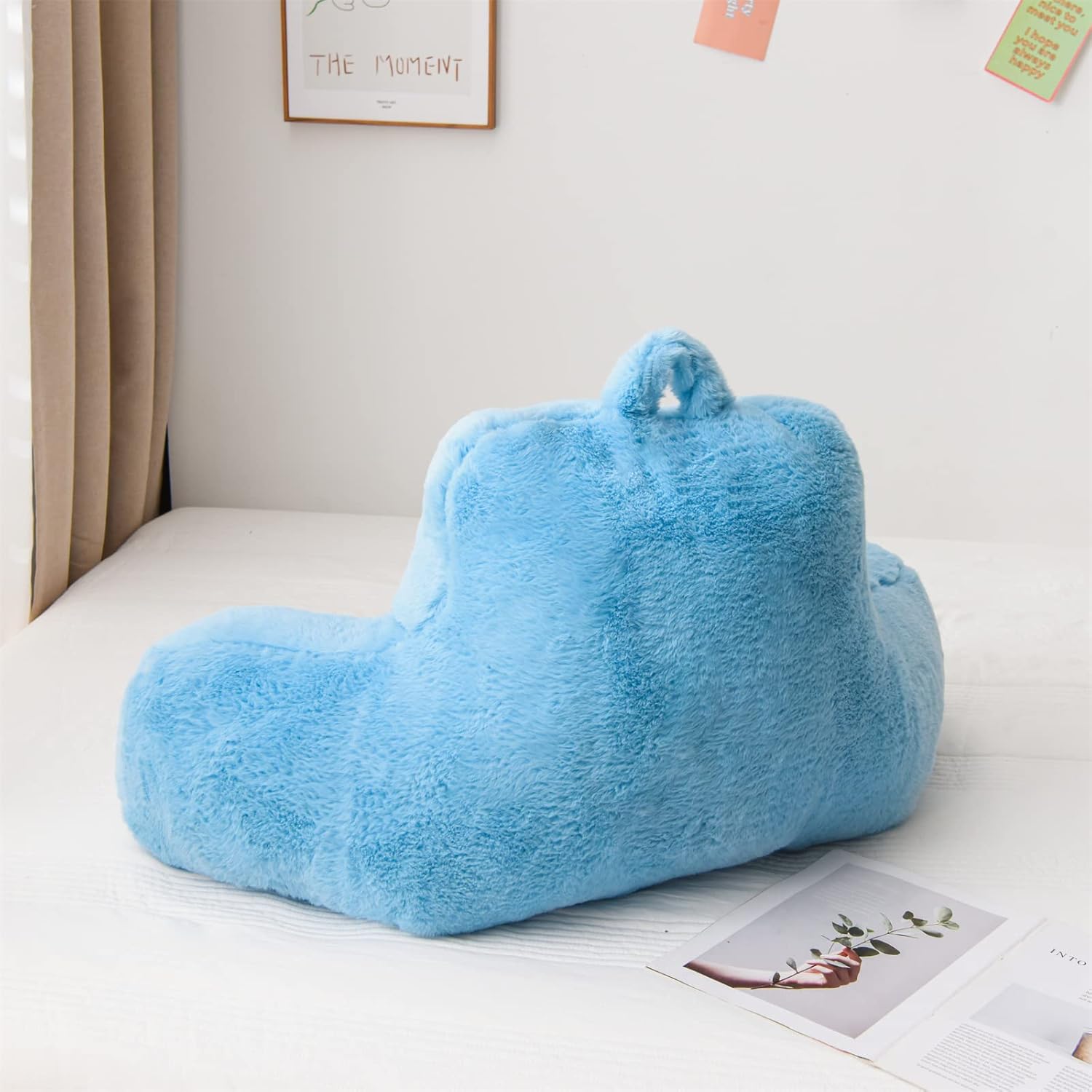 A Nice Night Faux Fur Reading Pillow Bed Wedge Large Adult Children Backrest with Arms Back Support for Sitting Up in Bed/Couch for Bedrest,Babyblue