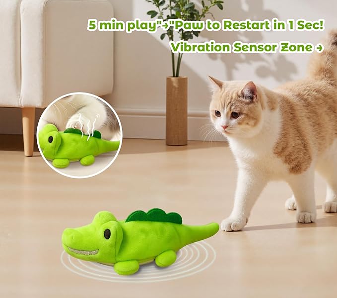 Interactive Cat Toys for Indoor Cats - Automatic Moving Cat Chase Toy for Bored Indoor Adult Cats - 360° Random Movement, Tail Wagging & Catnip Stimulation - Electric Croc(Short Plush)