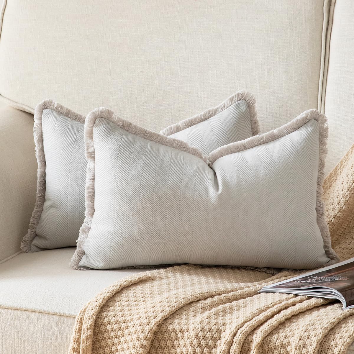 Set of 2 Decorative Fringe Throw Pillow Covers Chenille Pillow Covers Elegant Design Pillowcase Soft Tassels Cushion Cover for Couch Bed Home Decor,12×20 Inch,Light Gray