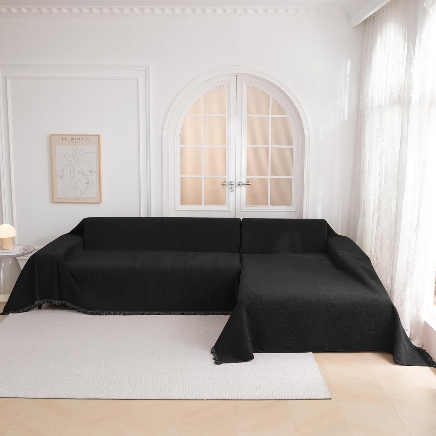 MYSKY HOME Oversized Couch Cover Sofa Covers Couch Covers for 3 Cushion Couch Sofa Pet Friendly L Shaped Couch Cover Sectional Couch Cover Non Slip Furniture Protector for Kids, Dogs, 91"x150", Black