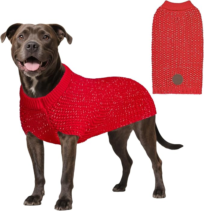KYEESE Dog Christmas Sweater with Leash Hole Comfy Pullover Sweater Medium Size Male with Reflective Yarn Warm Pet Coats Stretchy Cozy Lightweight Thick Knitwear Dog Clothes,Red, X-Large