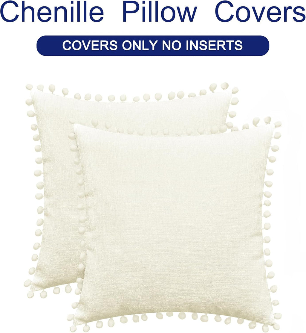 CaliTime Throw Pillow Covers Decorative 16 X 16 Inches Pack of 2 Cozy Solid Dyed Soft Chenille Cushion Cases with Pom Poms for Couch Sofa Bed Living Room Home Cream