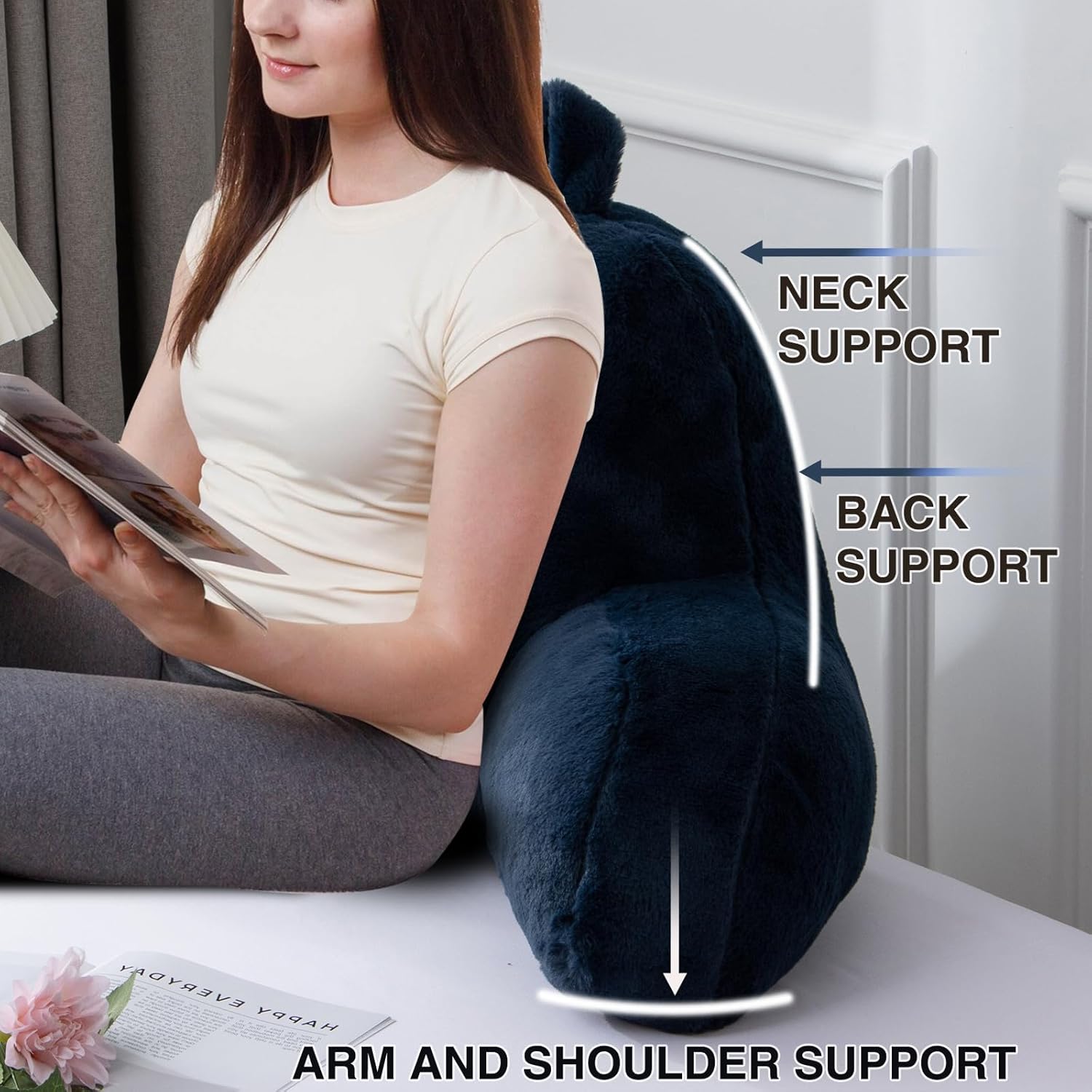 A Nice Night Faux Fur Soft Reading Pillow Bed Wedge Adult Backrest with Arms Back Support for Sitting Up in Bed/Couch for Bedrest,Navy,Large